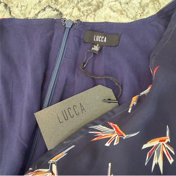 NEW Luca Couture Navy Blue Short Sleeve Romper Tropical Sheer Overlay Small NWT - Picture 10 of 13